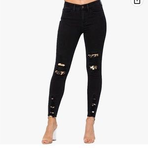 Judy Blue Black Destroyed Leopard Patch Mid-Rise Skinny Jeans
